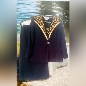 GOSPEL 2pc Navy Skirt Suit w/Gold Embroidery Beads Satin Trim Sz 10 Church